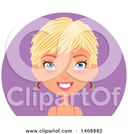 Clipart of a Caucasian Woman with Short Blond Hair Wearing Watermelon Earrings, over a Purple Circle - Royalty Free Vector Illustration by Melisende Vector