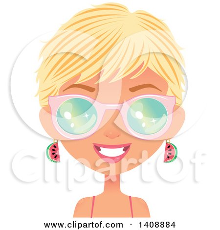 Clipart of a Caucasian Woman with Short Blond Hair Wearing Watermelon Earrings and Sunglasses - Royalty Free Vector Illustration by Melisende Vector
