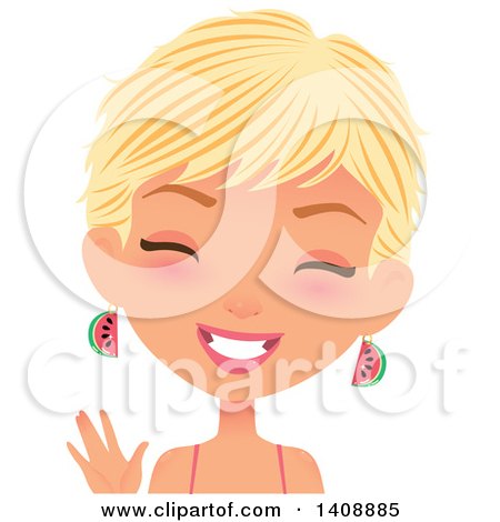 Clipart of a Caucasian Woman with Short Blond Hair Wearing Watermelon Earrings and Waving - Royalty Free Vector Illustration by Melisende Vector