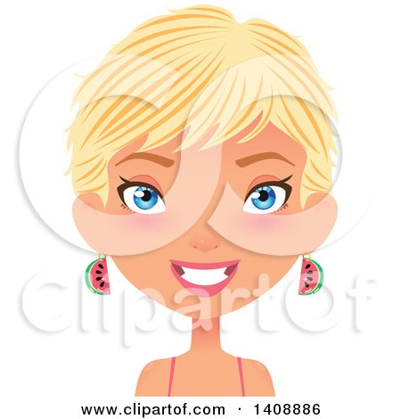 Clipart of a Caucasian Woman with Short Blond Hair Wearing Watermelon Earrings - Royalty Free Vector Illustration by Melisende Vector