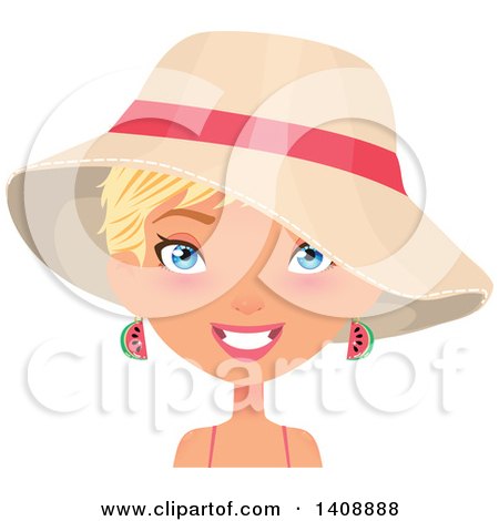 Clipart of a Caucasian Woman with Short Blond Hair Wearing Watermelon Earrings and a Sun Hat - Royalty Free Vector Illustration by Melisende Vector