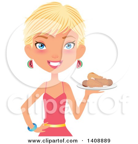 Clipart of a Caucasian Woman with Short Blond Hair, Holding a Plate of Fried Chicken - Royalty Free Vector Illustration by Melisende Vector