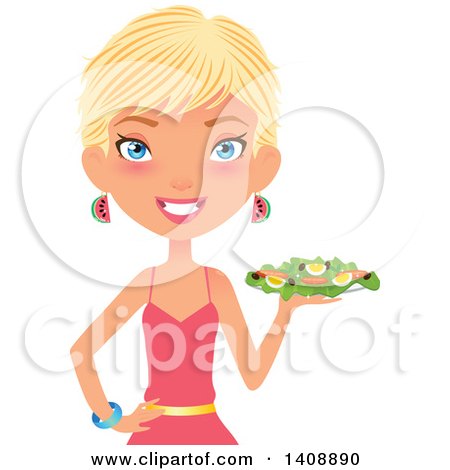 Clipart of a Caucasian Woman with Short Blond Hair, Holding a Salad Plate - Royalty Free Vector Illustration by Melisende Vector