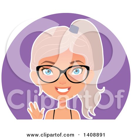 Clipart of a Pastel Pink Haired Geek Caucasian Woman Wearing Glasses over a Purple Circle - Royalty Free Vector Illustration by Melisende Vector