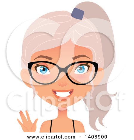 Clipart of a Waving Pastel Pink Haired Geek Caucasian Woman Wearing Glasses - Royalty Free Vector Illustration by Melisende Vector