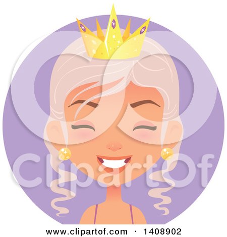 Clipart of a Laughing Pastel Pink Haired Caucasian Woman Wearing a Crown, over a Purple Circle - Royalty Free Vector Illustration by Melisende Vector