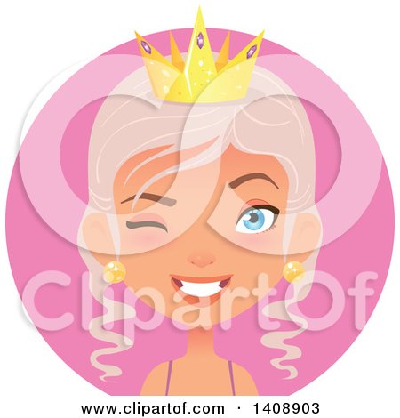 Clipart of a Winking Pastel Pink Haired Caucasian Woman Wearing a Crown, over a Pink Circle - Royalty Free Vector Illustration by Melisende Vector