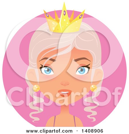 Clipart of a Pastel Pink Haired Caucasian Woman Wearing a Crown, over a Pink Circle - Royalty Free Vector Illustration by Melisende Vector