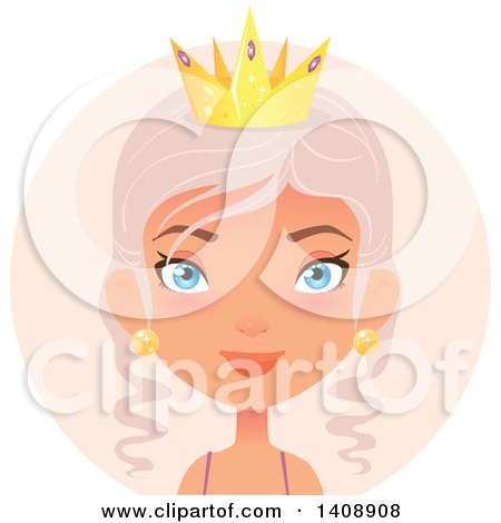 Clipart of a Pastel Pink Haired Caucasian Woman Wearing a Crown, over a Purple Circle - Royalty Free Vector Illustration by Melisende Vector