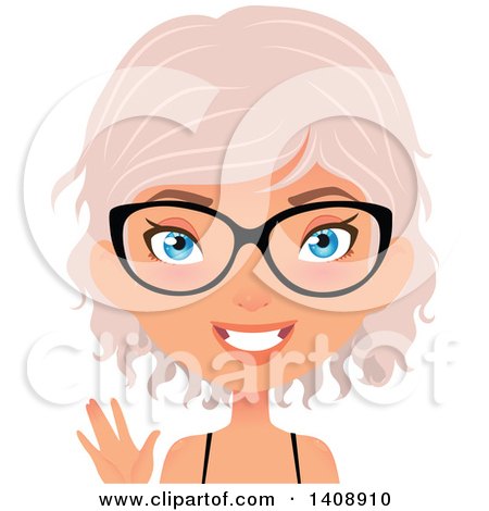 Clipart of a Waving Pastel Pink Haired Geek Caucasian Woman Wearing Glasses - Royalty Free Vector Illustration by Melisende Vector