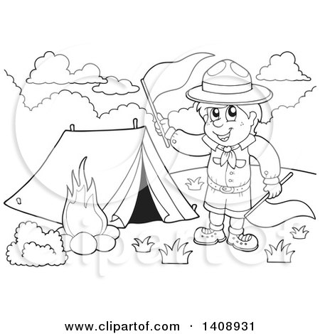 Clipart of a Black and White Lineart Camping Scout Boy Waving Red Flags - Royalty Free Vector Illustration by visekart
