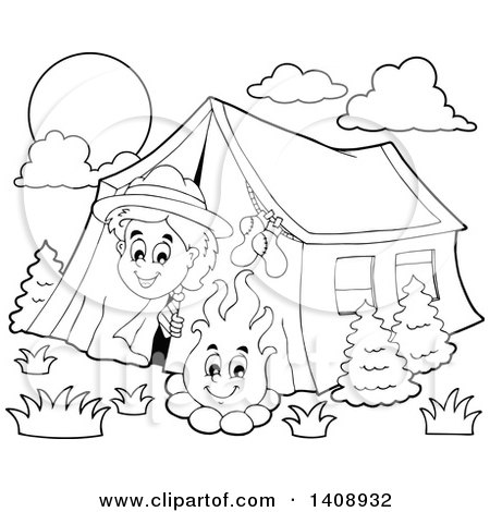Clipart of a Black and White Lineart Happy Scout Peeking out of His Tent by a Camp Fire - Royalty Free Vector Illustration by visekart