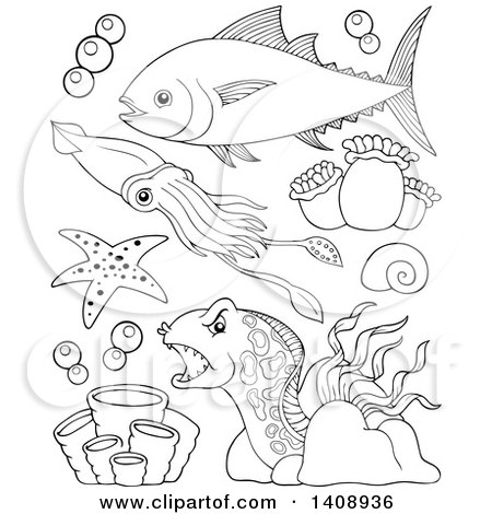 Clipart of Black and White Lineart Sea Creatures - Royalty Free Vector Illustration by visekart