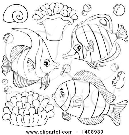 Clipart of Black and White Lineart Marine Fish - Royalty Free Vector Illustration by visekart