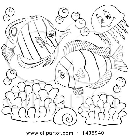 Clipart of Black and White Lineart Marine Fish - Royalty Free Vector Illustration by visekart