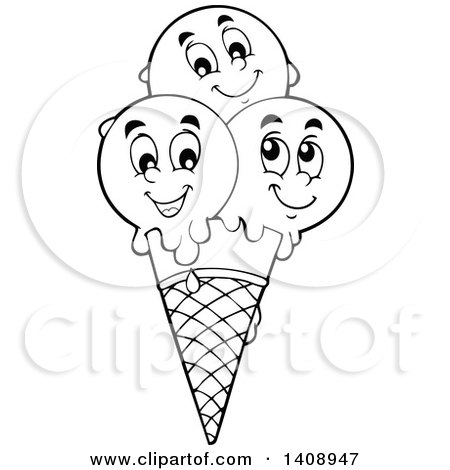Clipart of a Black and White Lineart Waffle Ice Cream Cone with Scoop Characters - Royalty Free Vector Illustration by visekart