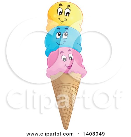 Clipart of a Waffle Ice Cream Cone with Scoop Characters - Royalty Free Vector Illustration by visekart
