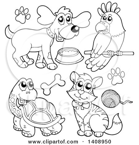 Clipart of Black and White Lineart Pets - Royalty Free Vector Illustration by visekart