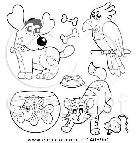 Clipart of Black and White Lineart Pets - Royalty Free Vector Illustration by visekart