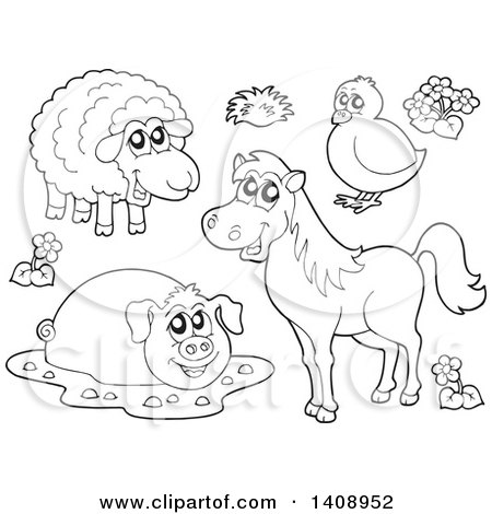 Clipart of Black and White Lineart Farm Animals - Royalty Free Vector  Illustration by visekart #1408952