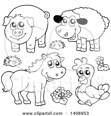 Clipart of Black and White Lineart Farm Animals - Royalty Free Vector Illustration by visekart