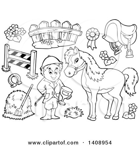 Clipart of a Black and White Lineart Equestrian with a Horse and Items - Royalty Free Vector Illustration by visekart