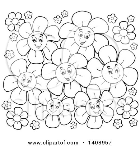 Clipart of a Black and White Lineart Group of Flowers - Royalty Free Vector Illustration by visekart