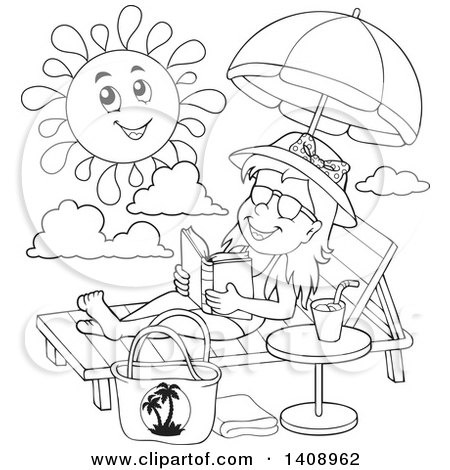 Clipart of a Black and White Lineart Girl Reading and Sun Bathing - Royalty Free Vector Illustration by visekart