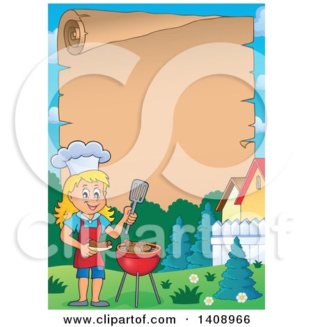 Clipart of a Scroll Border with a Happy Caucasian Girl Cooking on a Bbq Grill - Royalty Free Vector Illustration by visekart