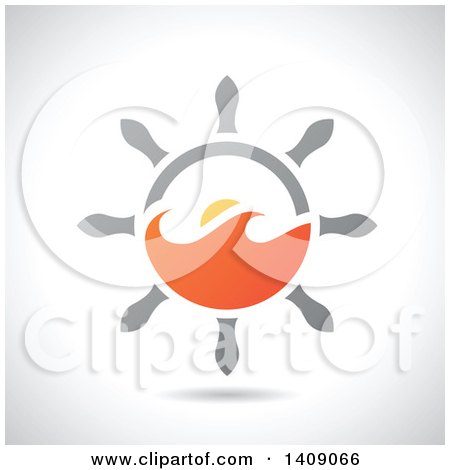 Clipart of a Nautical Ship Helm Steering Wheel with Orange Waves - Royalty Free Vector Illustration by cidepix