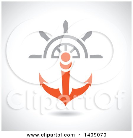 Clipart of a Nautical Ship Helm Steering Wheel and Orange Anchor - Royalty Free Vector Illustration by cidepix