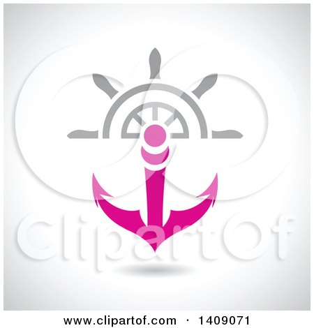 Clipart of a Nautical Ship Helm Steering Wheel and Pink Anchor - Royalty Free Vector Illustration by cidepix