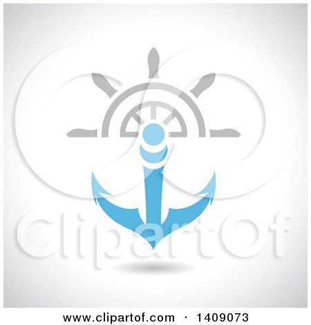Clipart of a Nautical Ship Helm Steering Wheel and Blue Anchor - Royalty Free Vector Illustration by cidepix