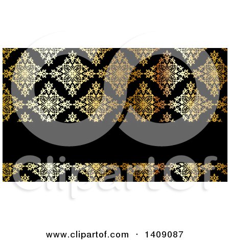 Clipart of a Shiny Gold and Black Damask Floral Pattern Business Card or Background Design - Royalty Free Vector Illustration by KJ Pargeter