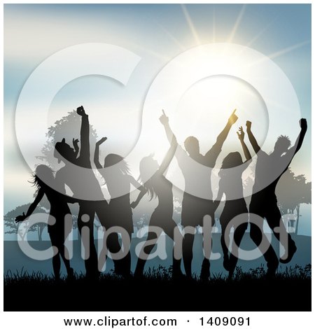Clipart of a Group of Silhouetted Dancers Having Fun Outside - Royalty Free Vector Illustration by KJ Pargeter