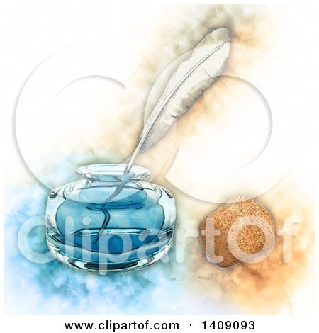 Clipart of a Watercolor of an Ink Well and Feather Quill with a Cork - Royalty Free Vector Illustration by KJ Pargeter
