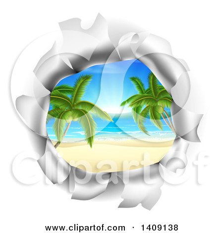 Clipart of a Hole in a 3d Wall, Revealing a Tropical Beach - Royalty Free Vector Illustration by AtStockIllustration