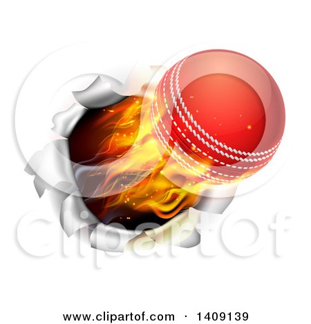 Clipart of a 3d Flying and Blazing Cricket Ball Breaking Through a Wall - Royalty Free Vector Illustration by AtStockIllustration