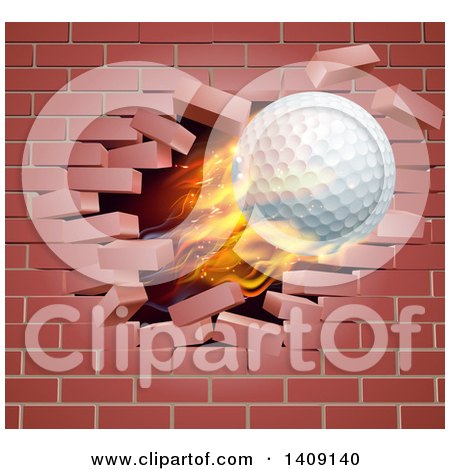 Clipart of a 3d Flying and Blazing Golf Ball Breaking Through a Brick Wall - Royalty Free Vector Illustration by AtStockIllustration
