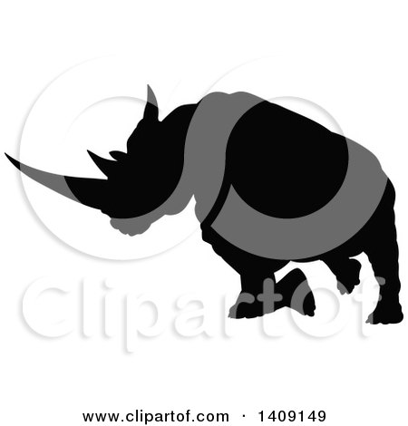 Clipart of a Black Silhouetted Rhinoceros Charging - Royalty Free Vector Illustration by AtStockIllustration