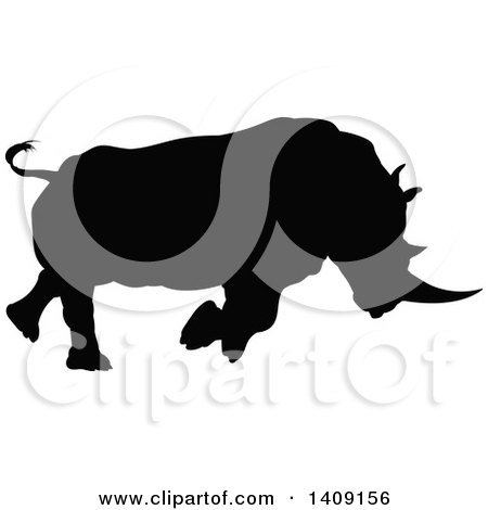 Clipart of a Black Silhouetted Rhinoceros Charging - Royalty Free Vector Illustration by AtStockIllustration