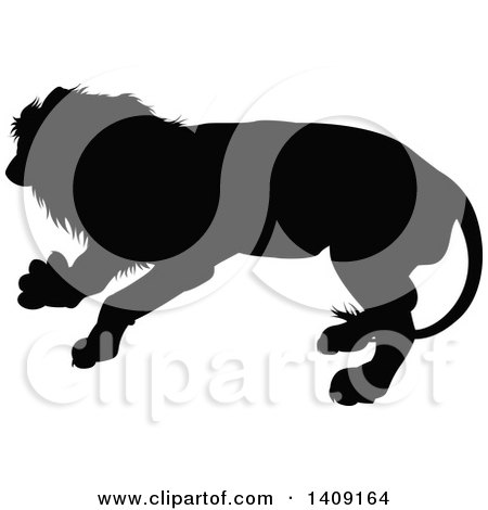 Clipart of a Black Silhouetted Male Lion - Royalty Free Vector Illustration by AtStockIllustration