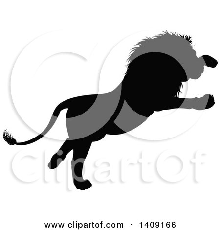 Clipart of a Black Silhouetted Male Lion Pouncing - Royalty Free Vector Illustration by AtStockIllustration