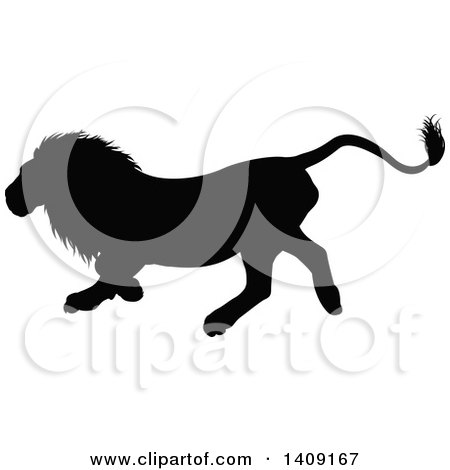 Clipart of a Black Silhouetted Male Lion Running - Royalty Free Vector Illustration by AtStockIllustration