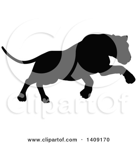 Clipart of a Black Silhouetted Lioness Pouncing - Royalty Free Vector Illustration by AtStockIllustration