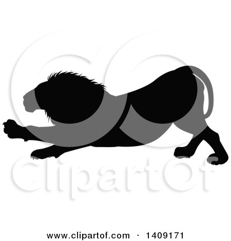 Clipart of a Black Silhouetted Male Lion Stretching - Royalty Free Vector Illustration by AtStockIllustration