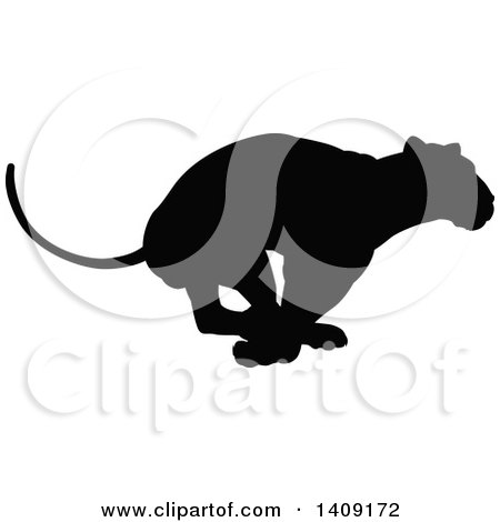 Clipart of a Black Silhouetted Lioness Running - Royalty Free Vector Illustration by AtStockIllustration