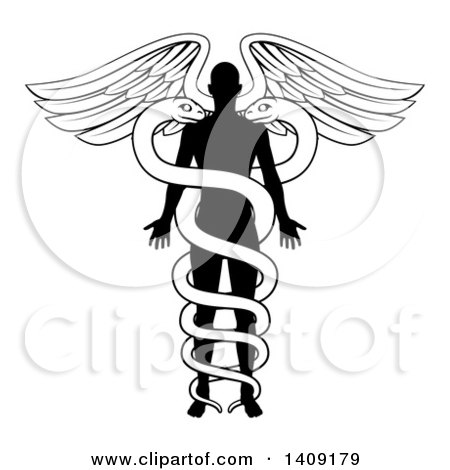 Clipart of a Black and White Silhouetted Person As the Rod in a Medical Snake and Wing Caduceus - Royalty Free Vector Illustration by AtStockIllustration