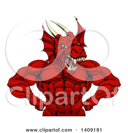 Clipart of a Cartoon Roaring Red Muscular Dragon Man Flexing, from the Waist up - Royalty Free Vector Illustration by AtStockIllustration