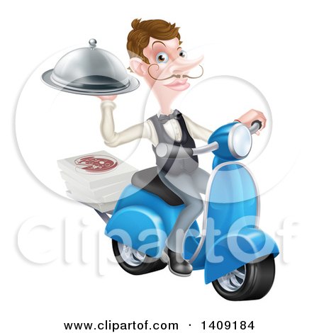 Clipart of a White Male Waiter with a Curling Mustache, Holding a Platter on a Delivery Scooter, with Pizza Boxes - Royalty Free Vector Illustration by AtStockIllustration